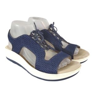 Bionica Comfort Wedge Sandals Size 8 M Lace Up Leather Metallic Blue Sandal